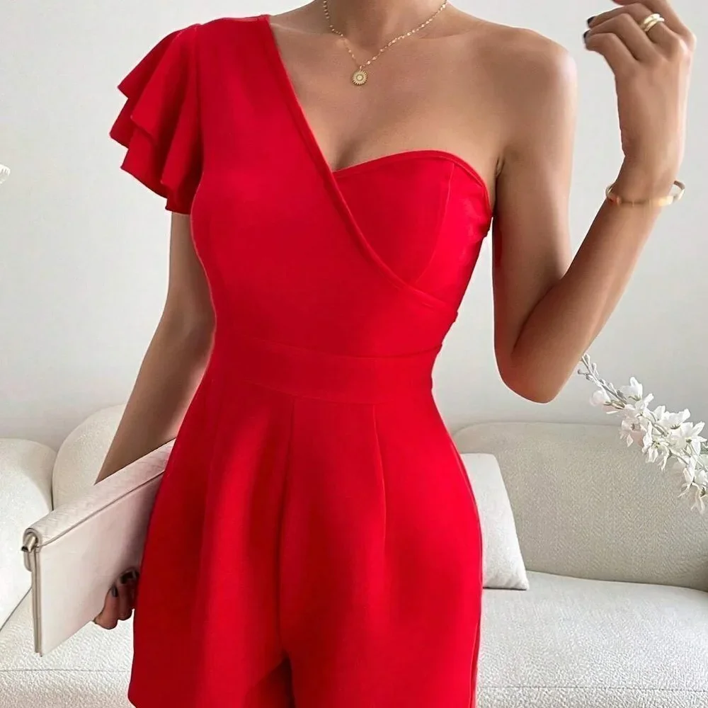 Red Preppy Womens One Shoulder Butterfly Sleeve Romper - Picture 4 of 5